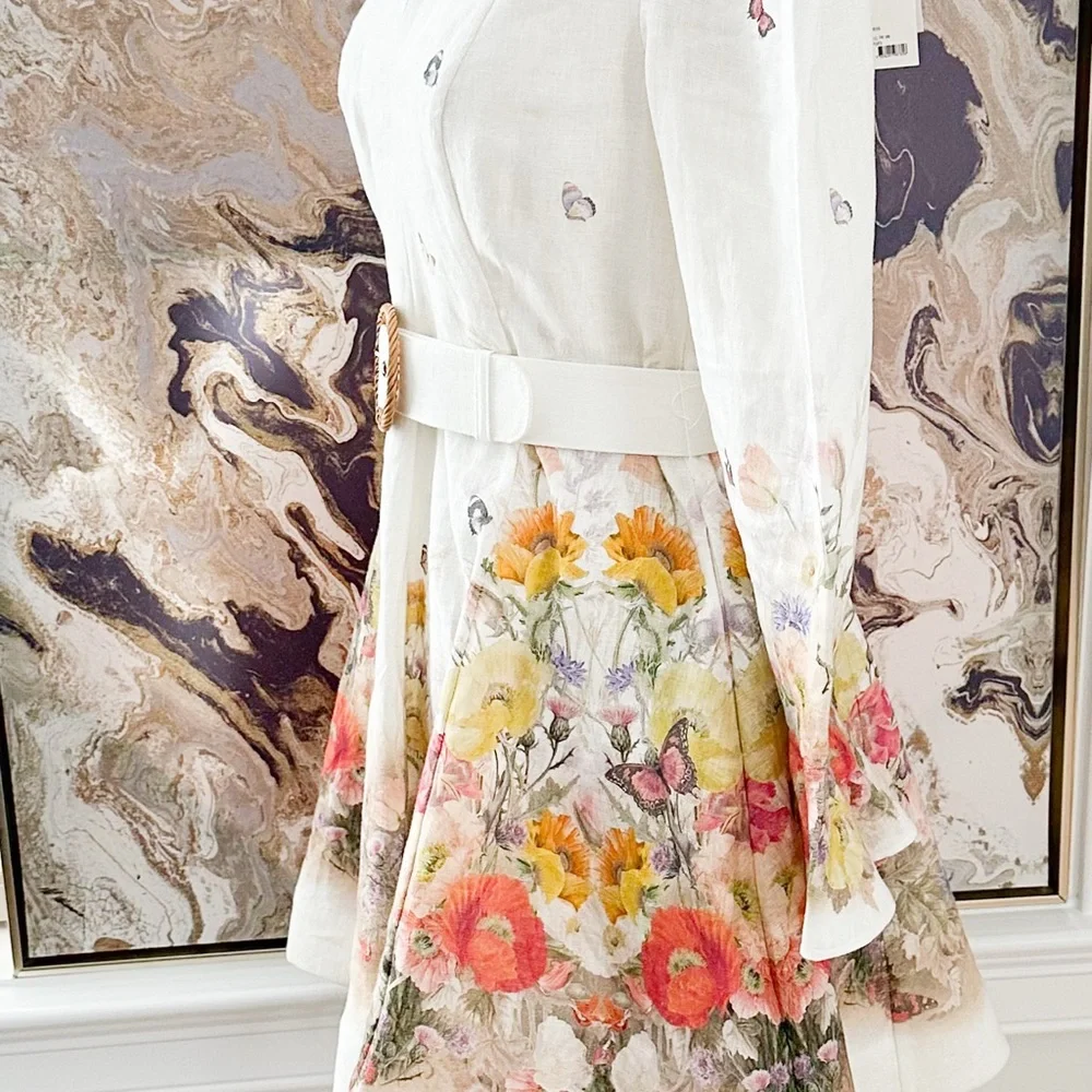 New! Zimmermann Tranquillity Butterfly Floral Linen Mini Dress - Picture 5 of 12